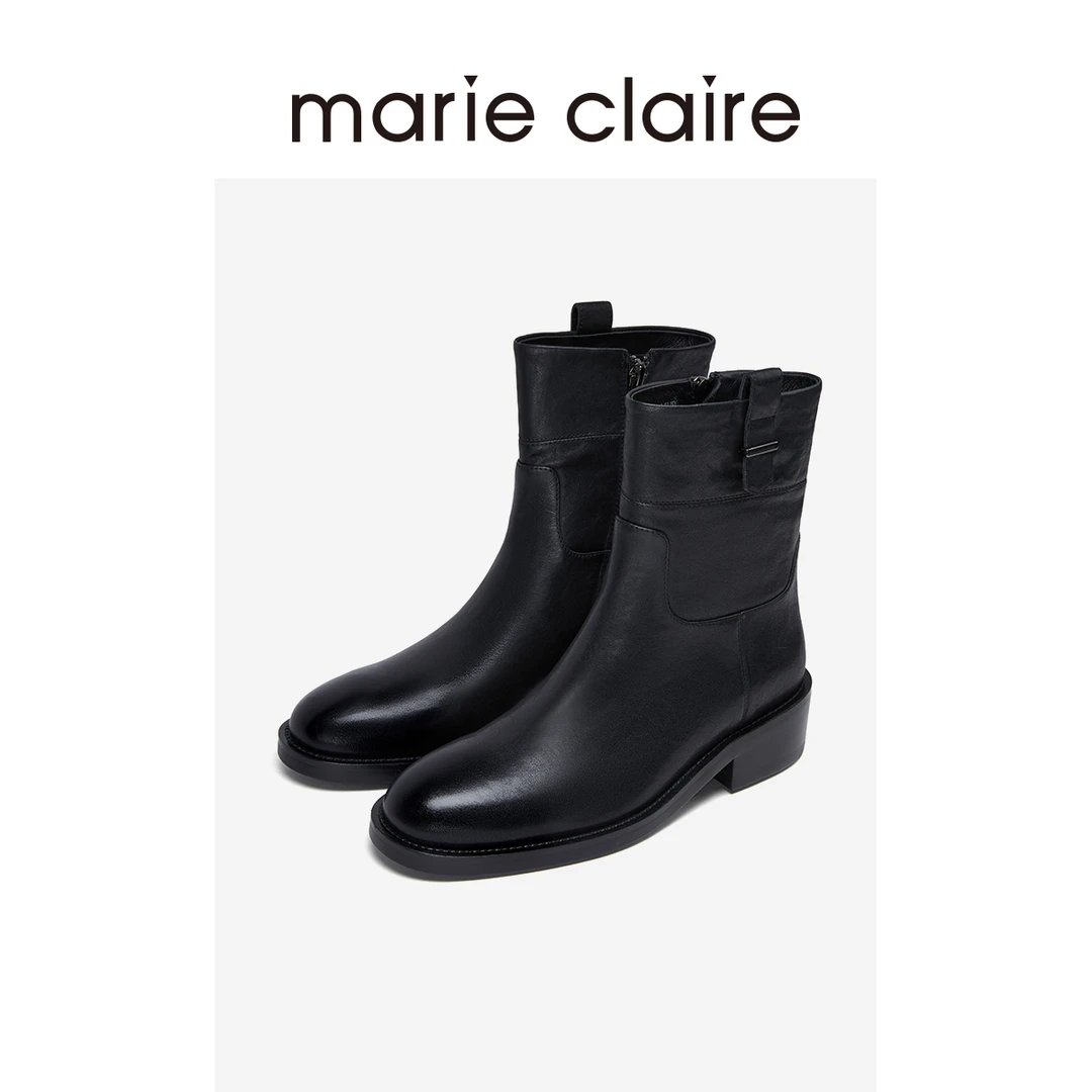 MC女鞋皱软中短黑靴24冬新款复古西部做旧经典marieclaire女鞋