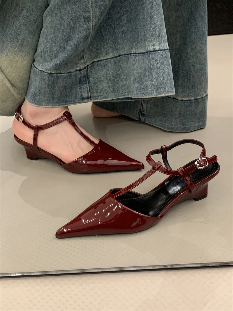 法式尖头细跟高跟鞋后绑带浅口包头酒红坡跟后绑带凉鞋粗跟5666-5