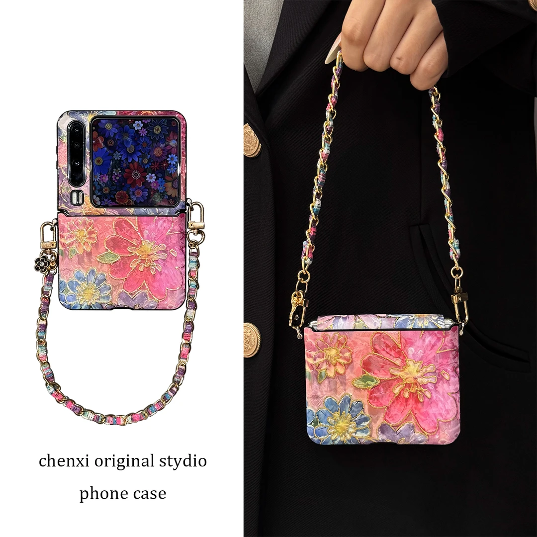 适用华为purax折叠屏手机壳复古皮质pocket2烫金油画粉色花朵链条