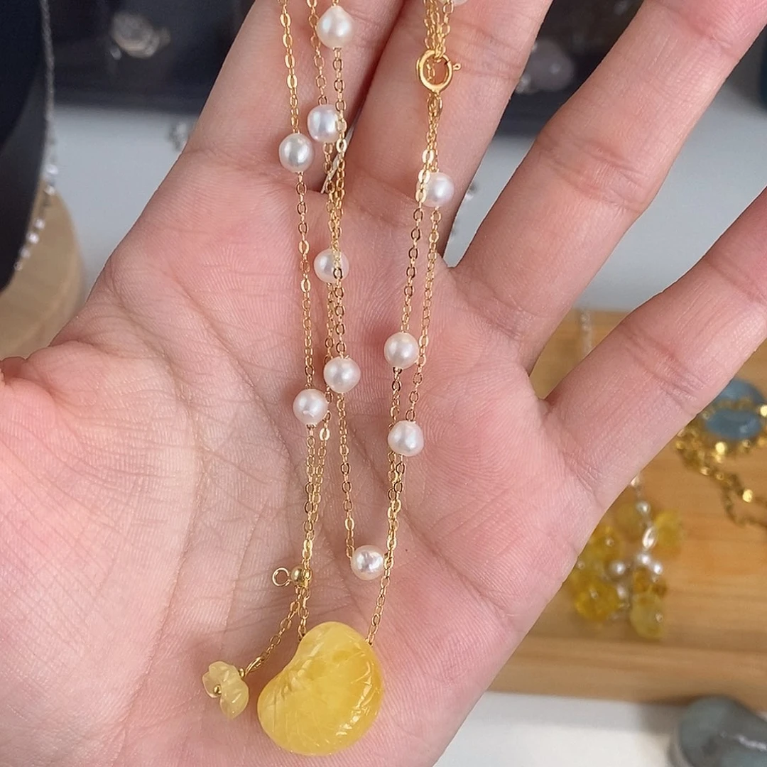 蜜蜡颈饰银S925镀金镶嵌