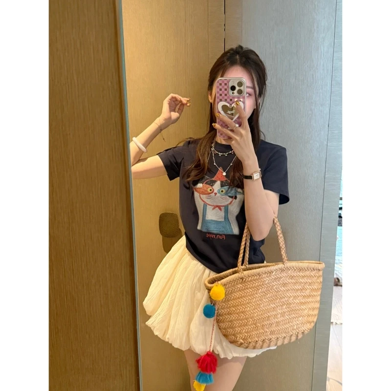 夏季时尚韩版卡通小猫印花短袖T恤女2025新款设计感纯色百搭上衣
