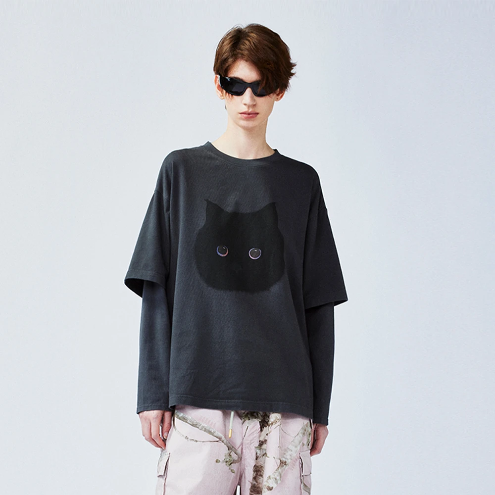 UOOYAA/乌丫2025春季新款「一只很黑的猫」胶囊系列假两件T恤 1131