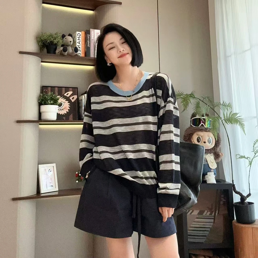 夏季克罗地亚条纹蓝领显瘦长袖针织衫5-6-5