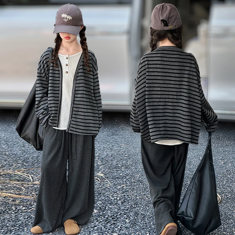 女童秋装慵懒风条纹开衫三件套6-12岁中大童网红韩版套装洋气显瘦