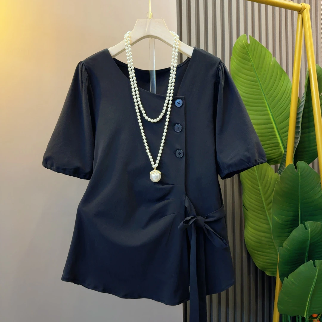 法式短袖收腰小香风系带独特上衣减龄洋气衣长64左右