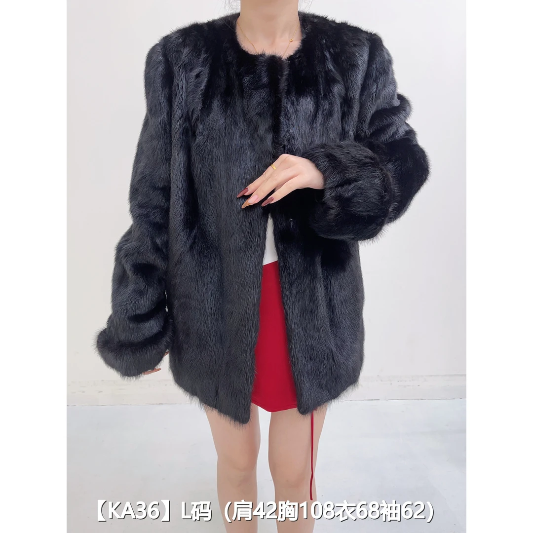 【KA36】L 本黑色短款全抽貂皮大衣外套女 圆领挽袖 25036