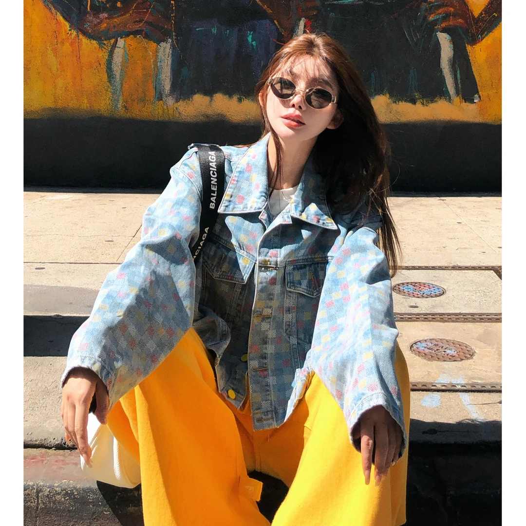 婉君【棋盘格外套】早秋新款ins风设计棋盘格牛仔外套LWJ25B2C1905