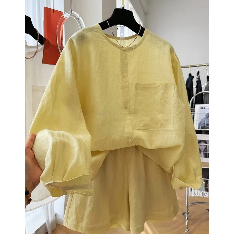 P0232苎麻长袖衬衫+短款两件套时尚套装女夏日绝美穿搭一整套薄