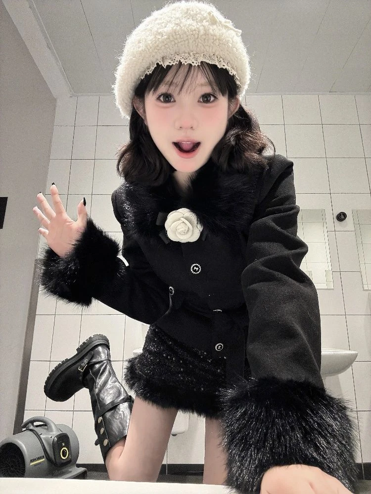 冬款气质辣妹绑带毛呢外套显瘦收腰高级感亮片包臀短裙山茶花套装