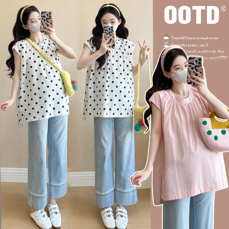 【伊伊】孕妇装2025夏装新款时尚款休闲气质宽松圆领开叉无袖衬衫