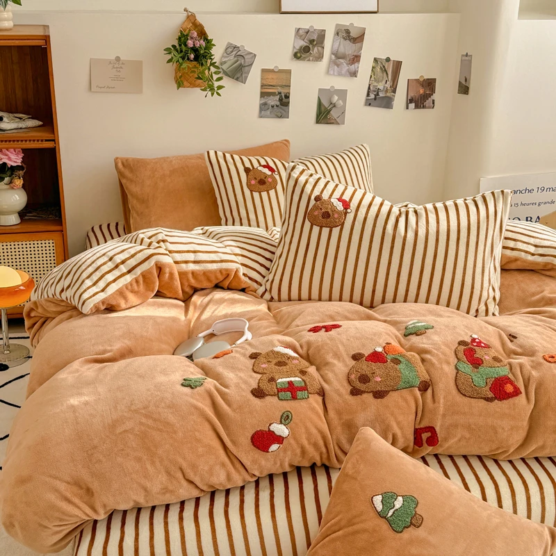 A类圣诞卡皮双面绒加厚被套四件套冬季美拉德牛奶绒床上用品保暖