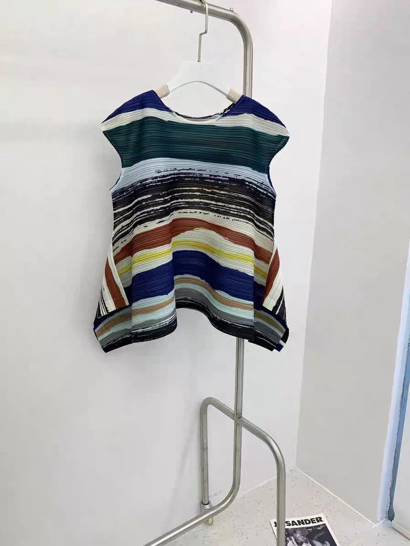 彩色撞色条纹褶皱上衣