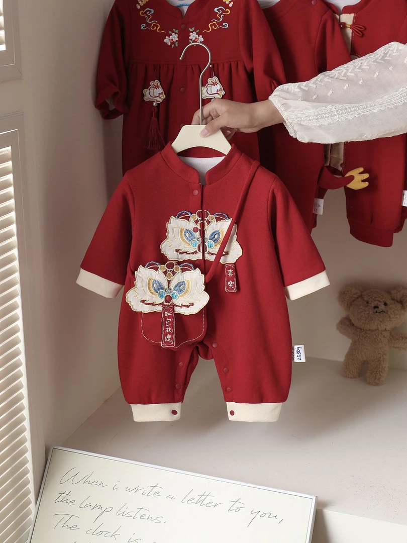 国风婴儿衣服秋季双层长袖红色满月周岁百天宝宝连体哈衣