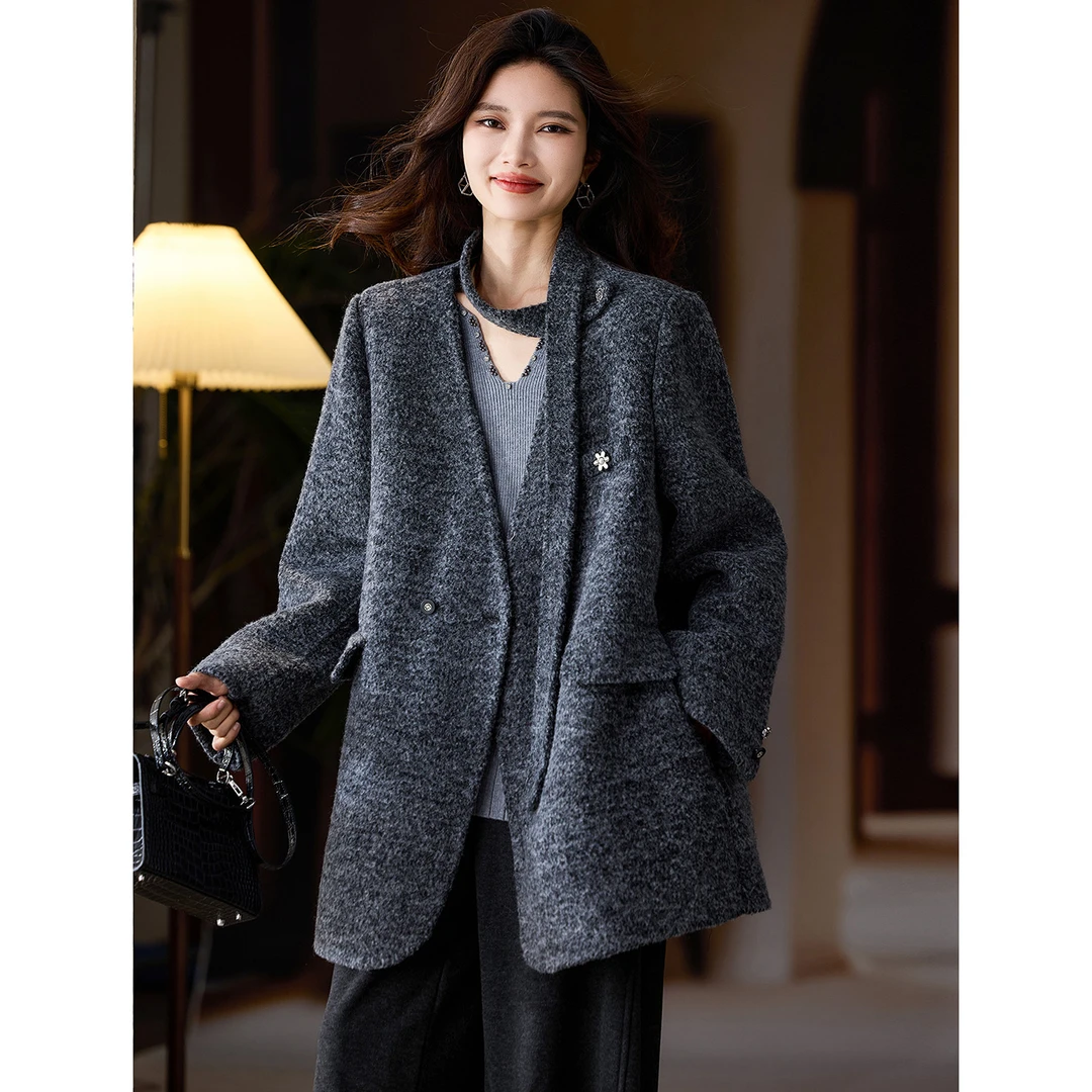 轻奢v领羊毛双面毛呢外套女冬季新款优雅气质宽松休闲呢子西服潮