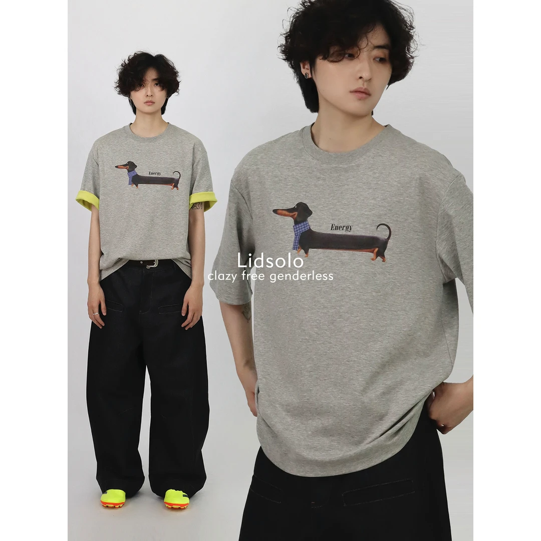 Lid solo【设计师款】双面撞色印花卡通短袖舒适T恤 定制腊肠狗