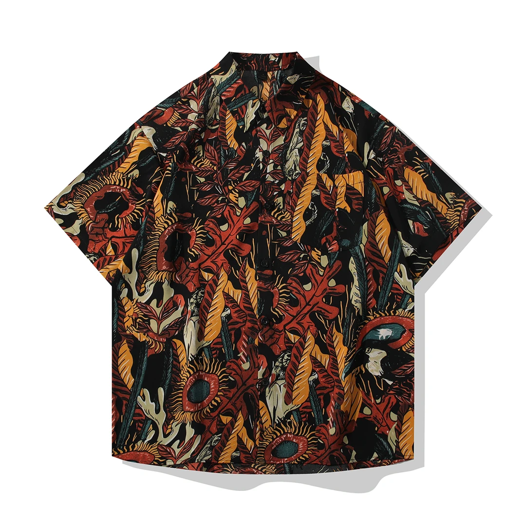 高级感民族风印花五分袖夏季美式情侣宽松衬衫痞帅设计感短袖男潮