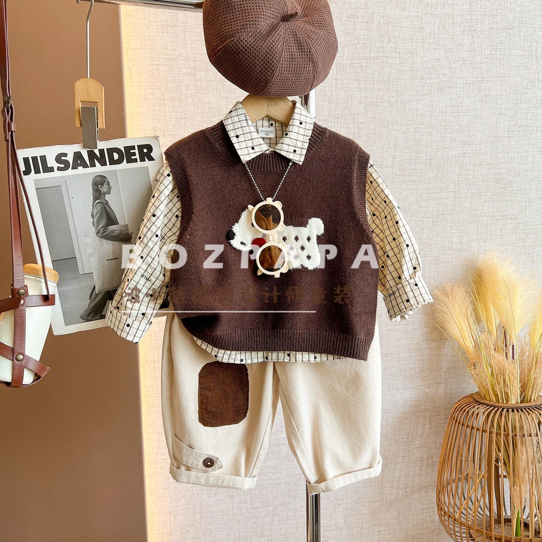 啵啵定制【暖暖巧克力】2025秋季男童韩系休闲狗狗图案针织马甲套装