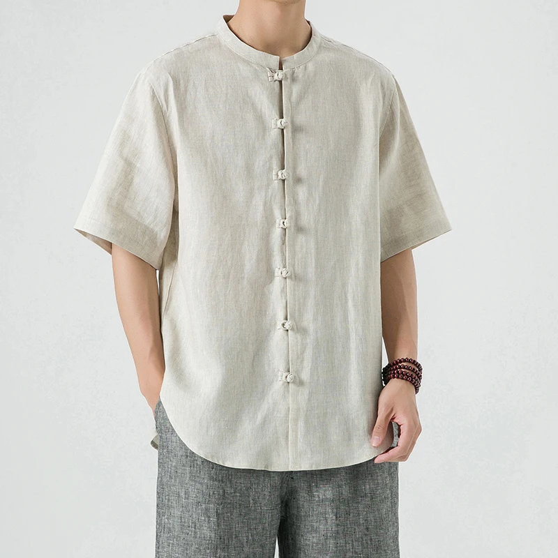 【100%亚麻】中国风夏季男士新中式复古男装盘扣大码唐装短袖衬衫男
