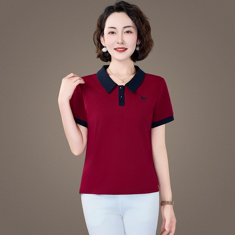 恩狐2025夏季新款短袖时尚POLO领妈妈装中老年T恤