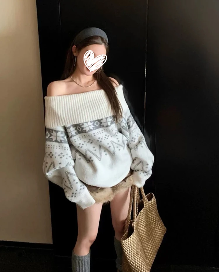 2446#复古慵懒一字肩露肩宽松提花针织套头长袖毛衣独特穿搭上衣