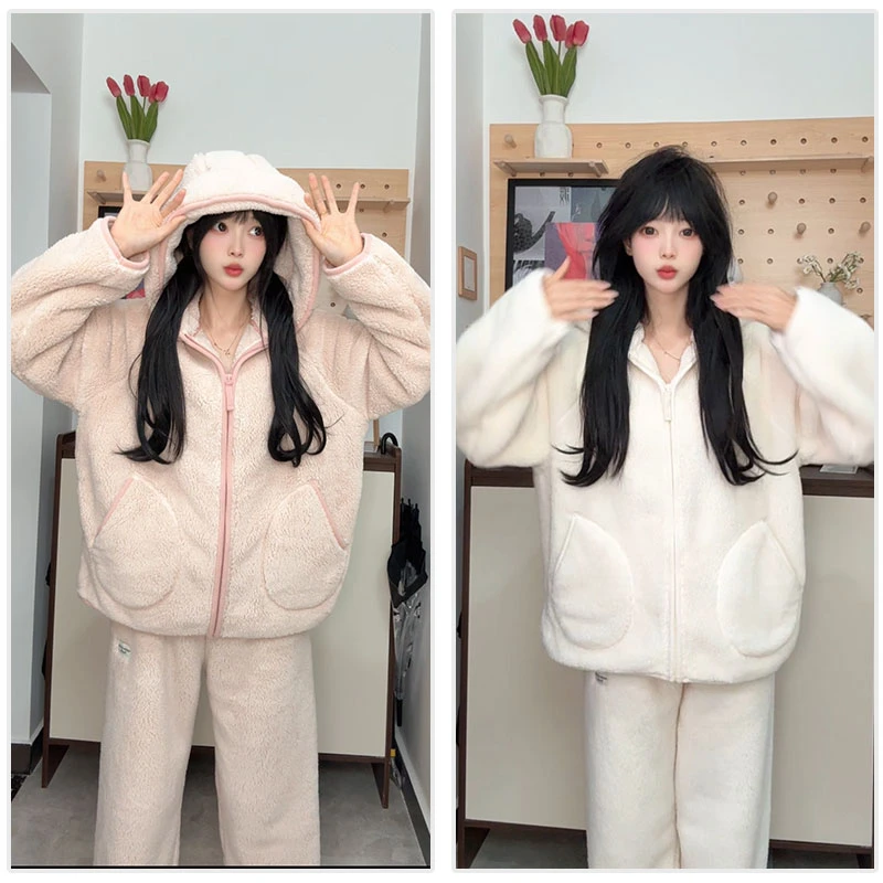 冬季连帽睡衣家居服云朵绒套装女士连帽加绒加厚冬季保暖不起球
