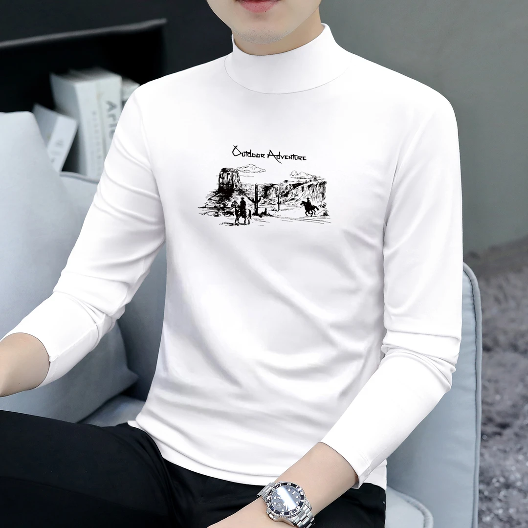 半高领打底衫男士春秋款百搭印花休闲时尚修身新款韩版长袖t恤男