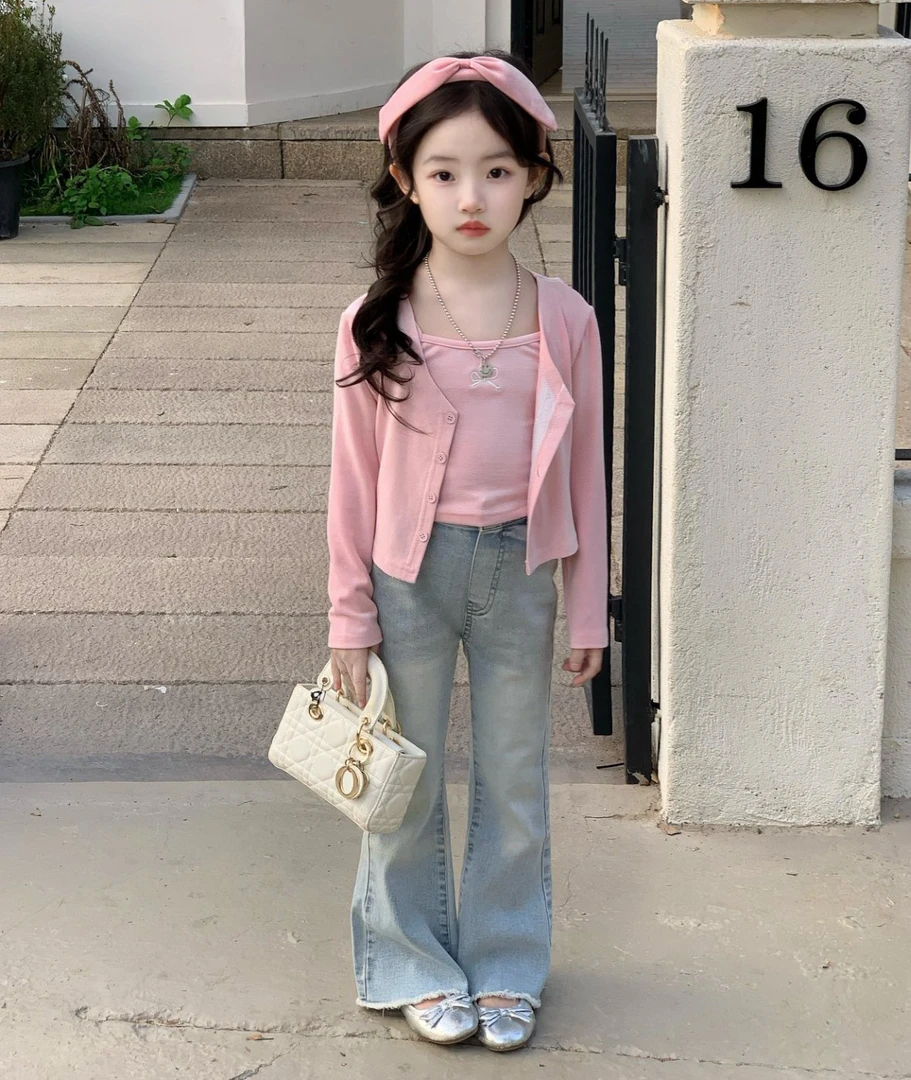 女童2025春秋季新款韩版时尚开衫吊带甜美套装女宝修身牛仔裤