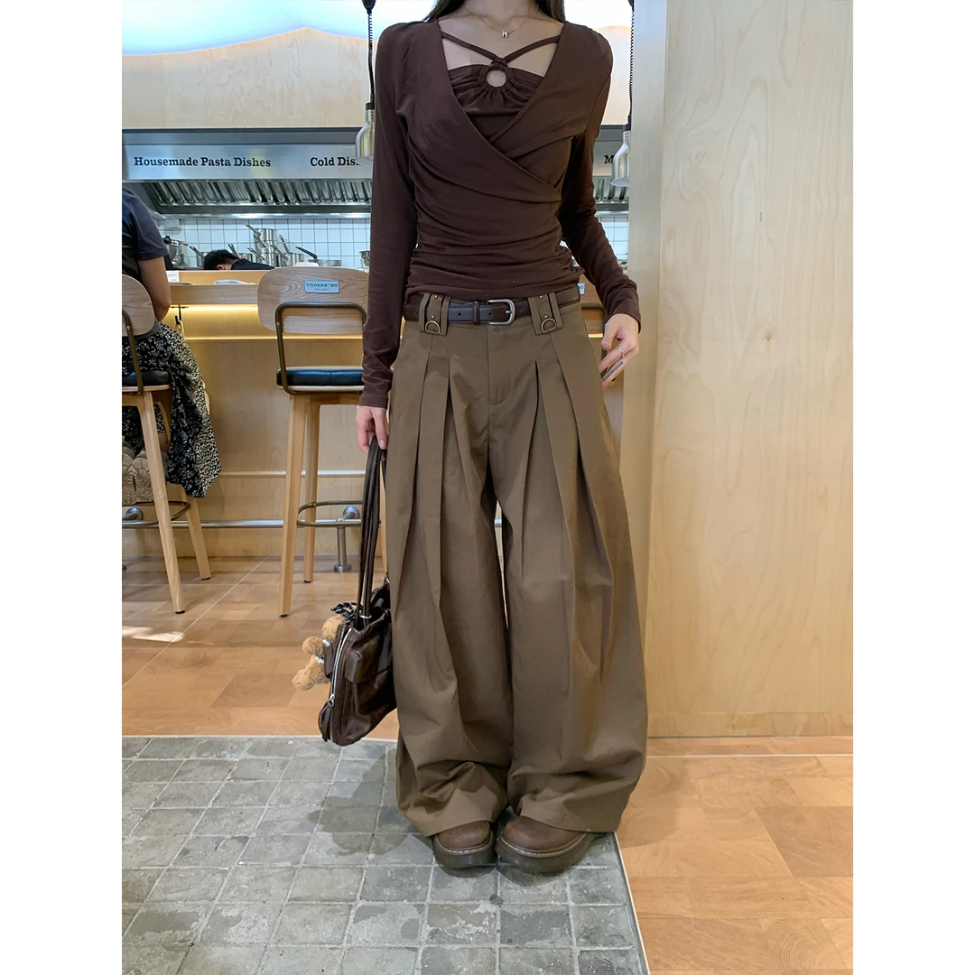 宋正恩卡其色洗水棉休闲裤女高腰宽松直筒裤设计感阔腿裤aas83062