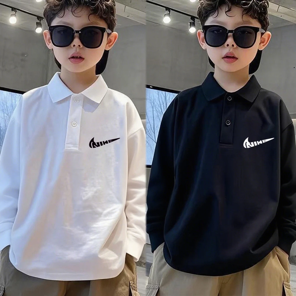 白色宽松长袖T恤男童女童纯棉polo衫春秋内搭打底衫痞帅翻领上衣