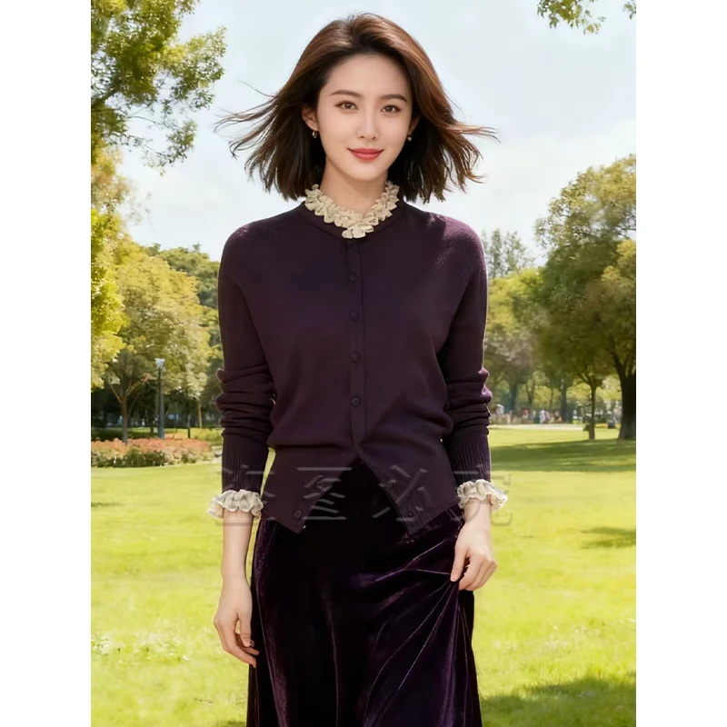 9853#法式木耳边立领长袖针织开衫女秋季新款设计感洋气百搭上衣