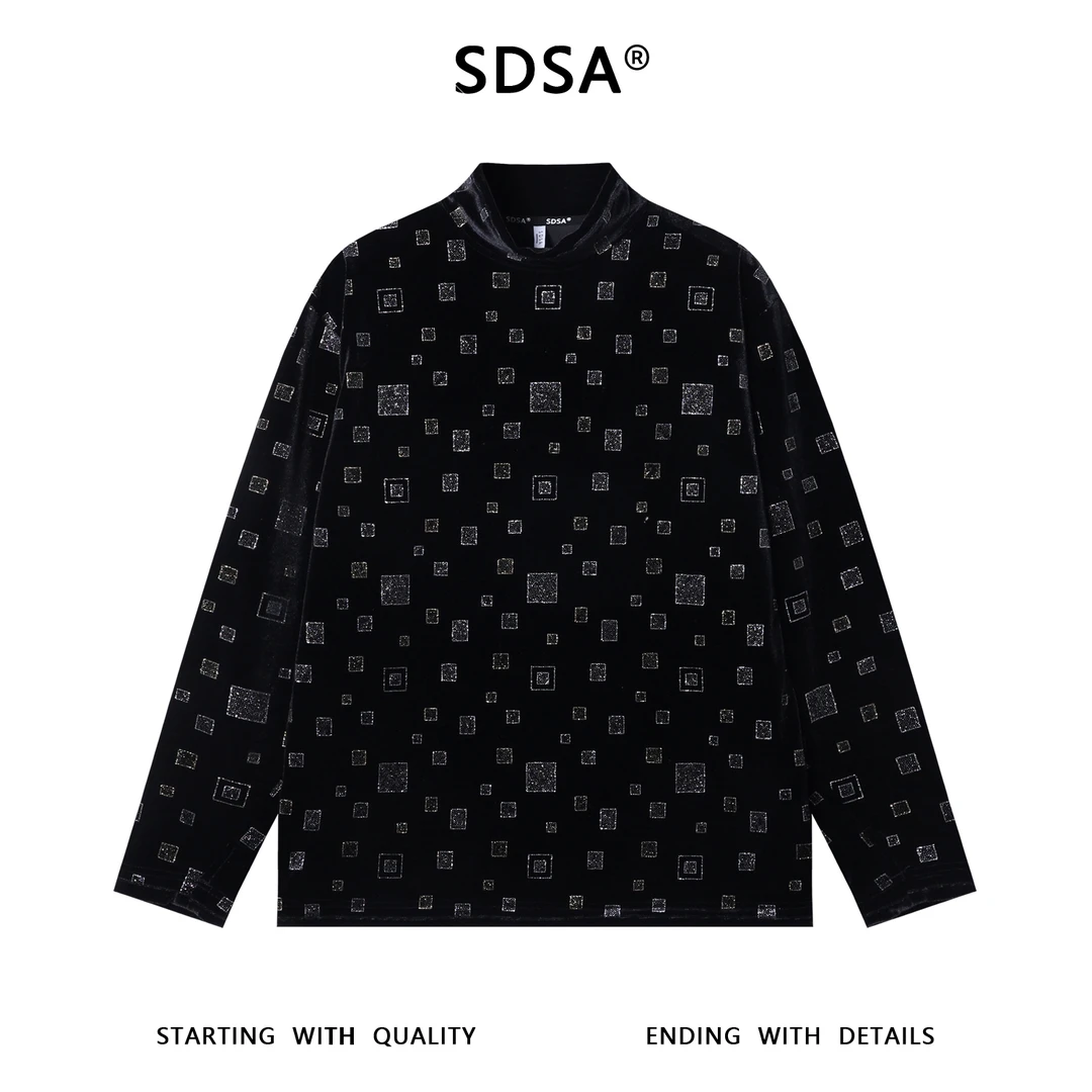 SDSA秋冬新款痞帅男装简约撞色满印正方形设计半高领长袖T恤百搭