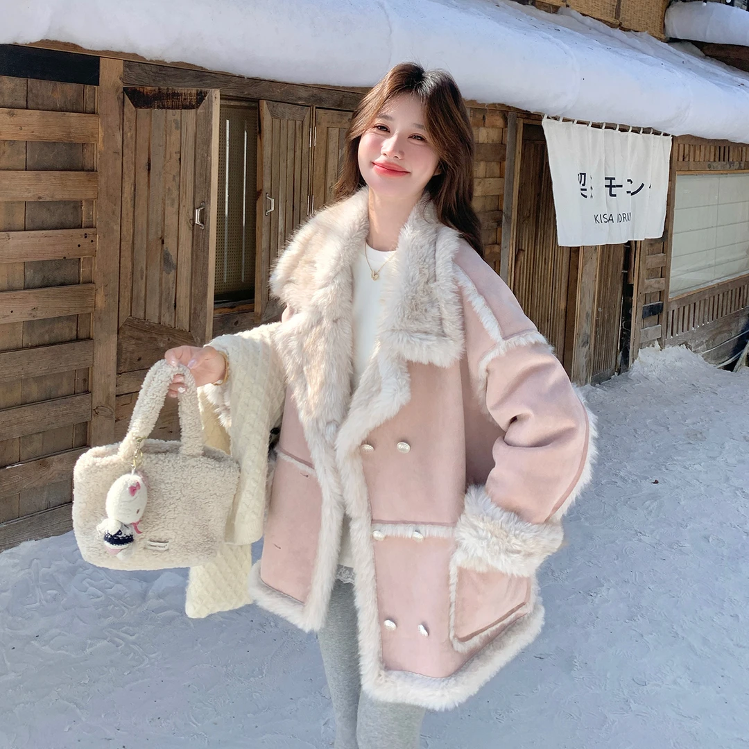 粉色少女感冬季减龄麂皮绒外套2025新款温柔风百搭通勤加绒机车服