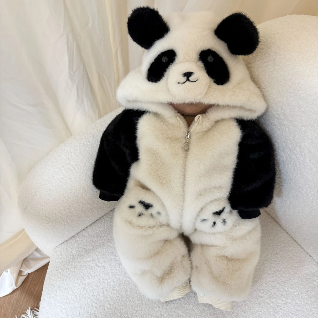yu冬款爬行服毛茸茸可爱小熊猫造型草草爬爬服保暖加厚连体衣外套