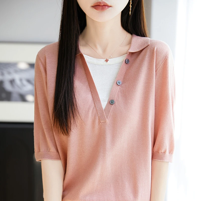 羊范夏季新款精纺蚕丝羊毛假两件女POLO领气质休闲撞色翻领短袖T