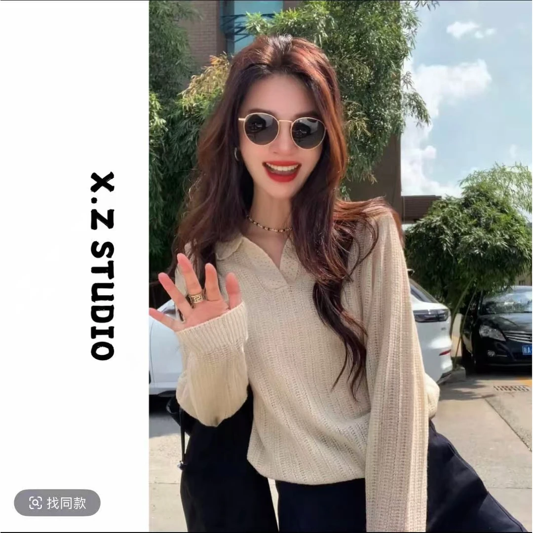 X.ZHEN复古金丝polo衫早秋慵懒风女装松弛感出游独特漂亮小衫
