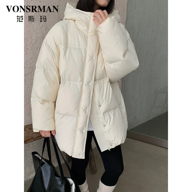VONSRMAN中长款羽绒面包服女2025冬季新款加厚保暖宽松连帽外套潮