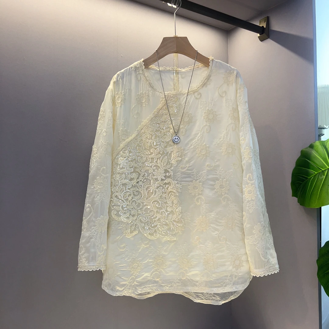 刺绣小衫蕾丝设计师中国风复古长袖时尚提花圆领重工蕾丝衫