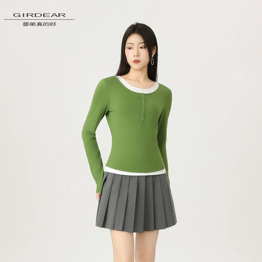 GIRDEAR/哥弟真的好夏日新款拼色假两件时尚洋气长袖T恤830009