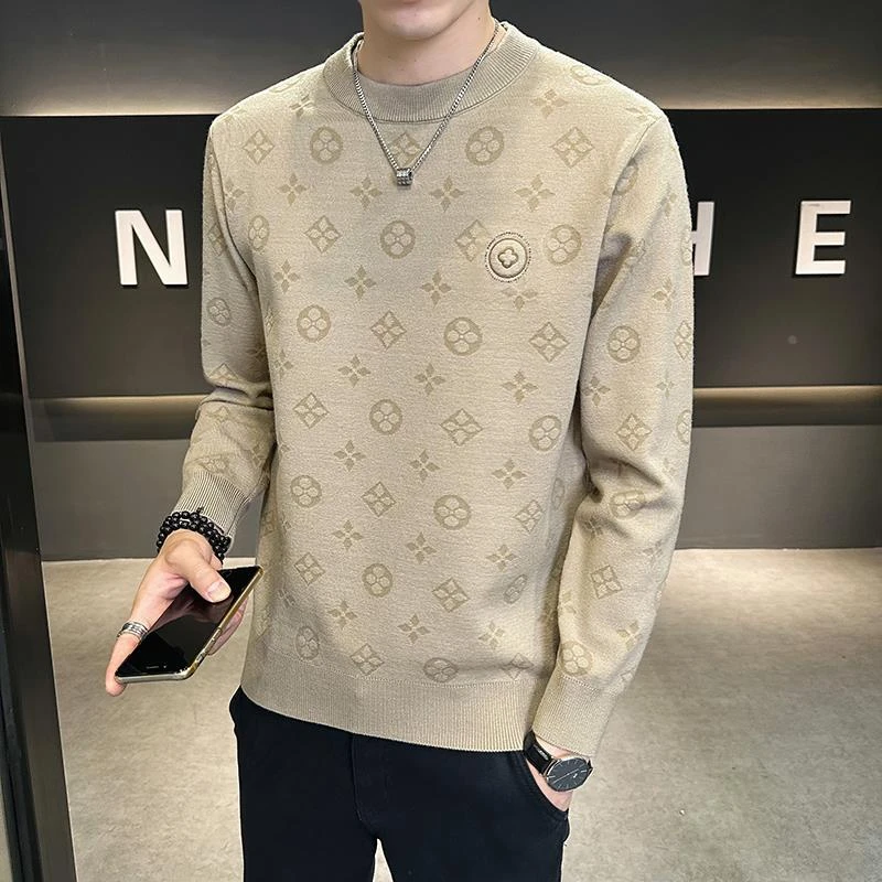 圆领毛衣男士高端冬季压花加厚保暖羊毛衫潮牌修身潮流针织打底衫