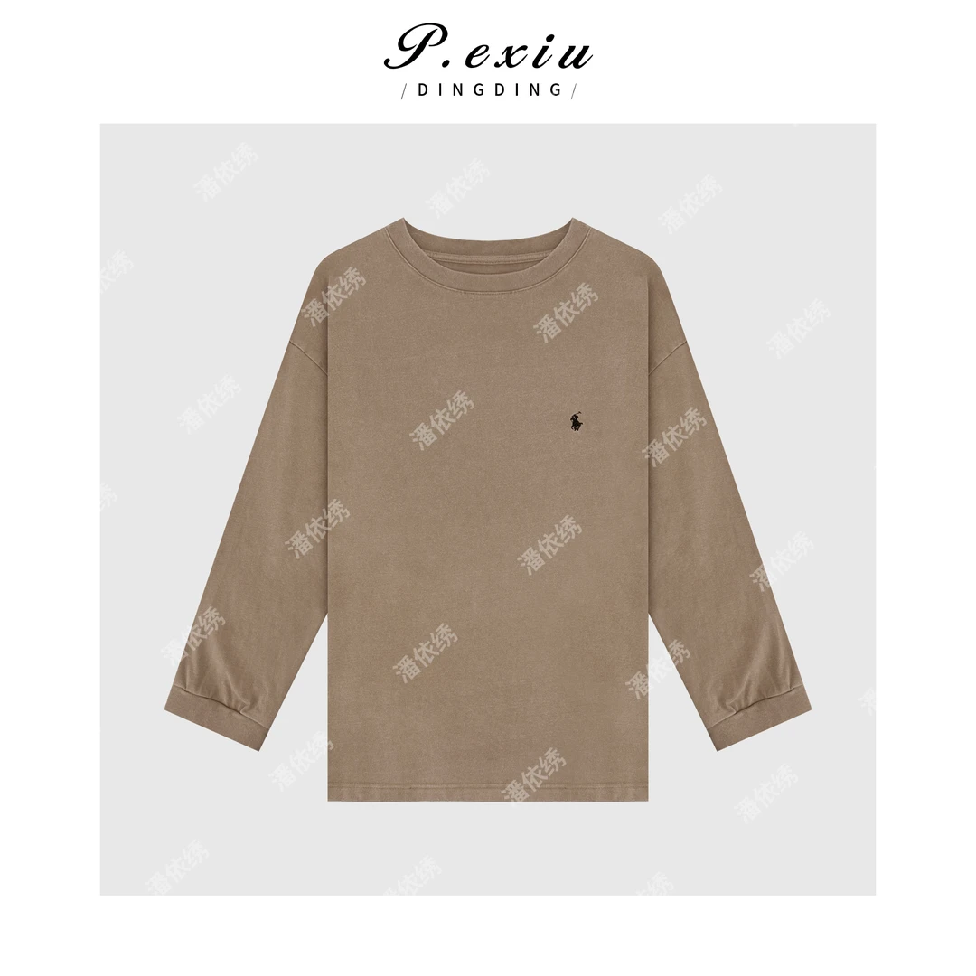 简约胸口刺绣炒色长袖T恤Q07183