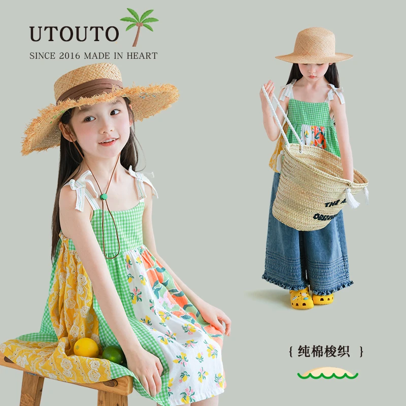 utouto大耳象女童格纹拼布上衣吊带裙2025夏季新款纯棉薄2503318