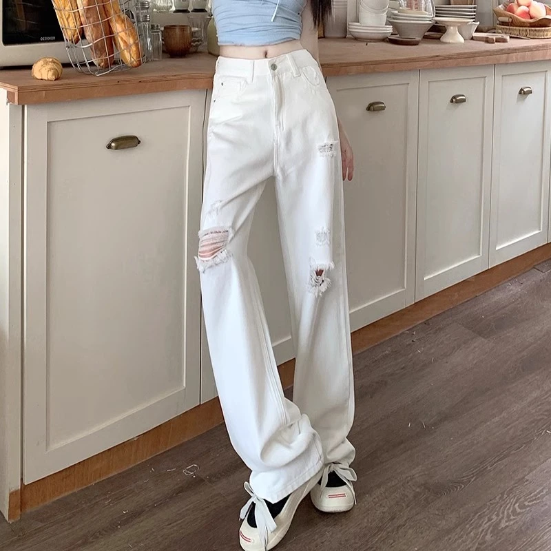 白色破洞直筒牛仔裤女夏季新款高腰宽松阔腿拖地裤设计感显瘦春夏