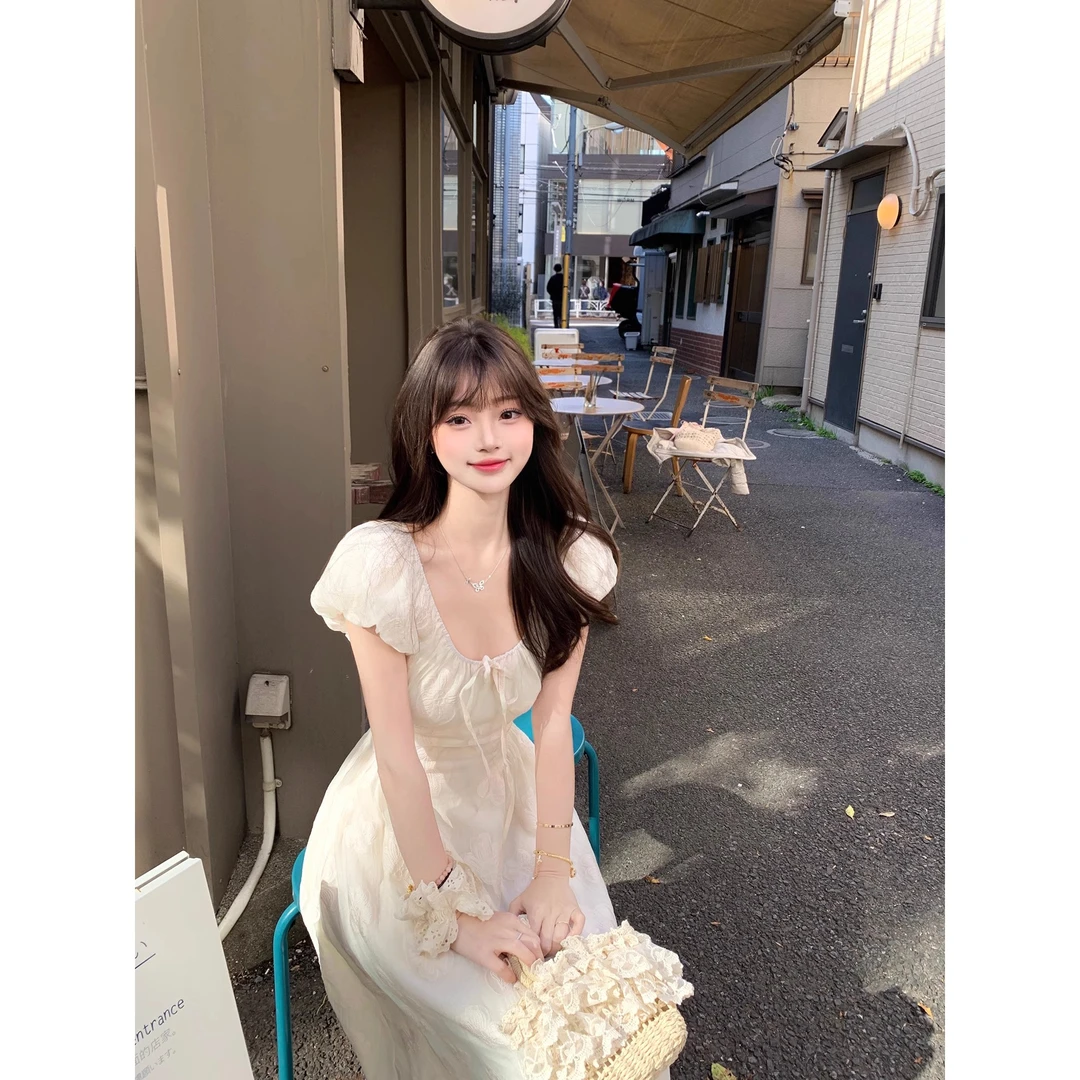 2025新款女装提花法式泡泡袖收腰显瘦气质连衣裙长裙A字裙女夏