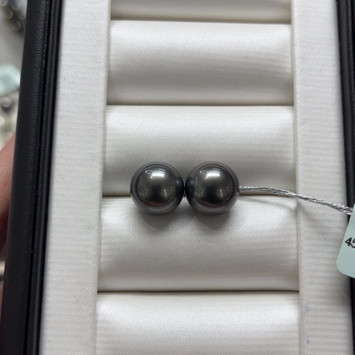 海水珍珠漏大溪地钢琴黑素钉11-12mm18K金镶嵌