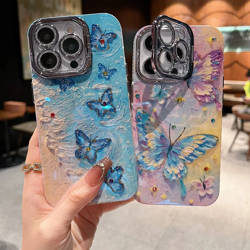 适用苹果系列iPhone16新款手机壳优雅渐变紫蝴蝶银色闪粉镜头支架