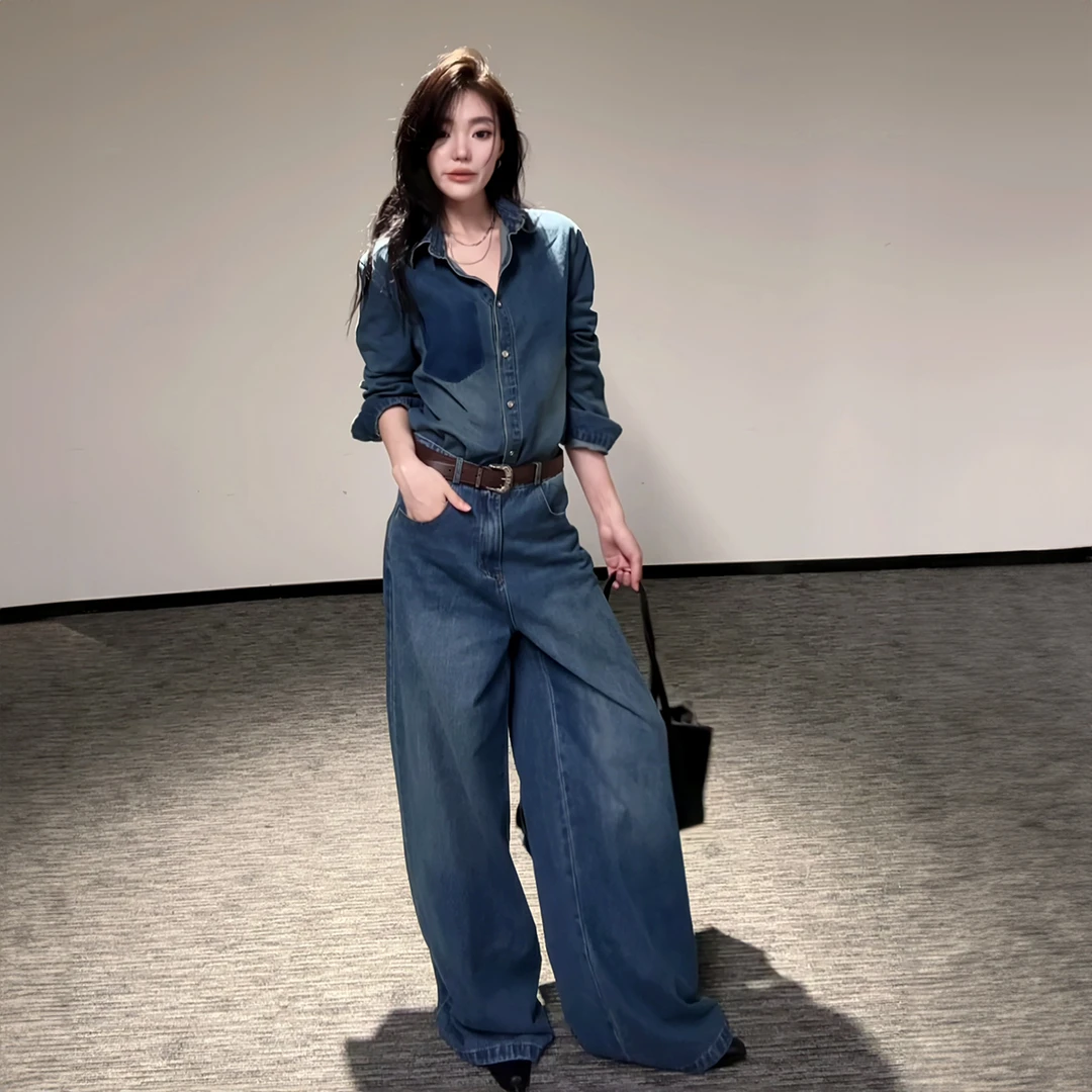 又a又飒高级感超好看洋气时髦蓝色牛仔衬衫裤子套装女2025初秋季