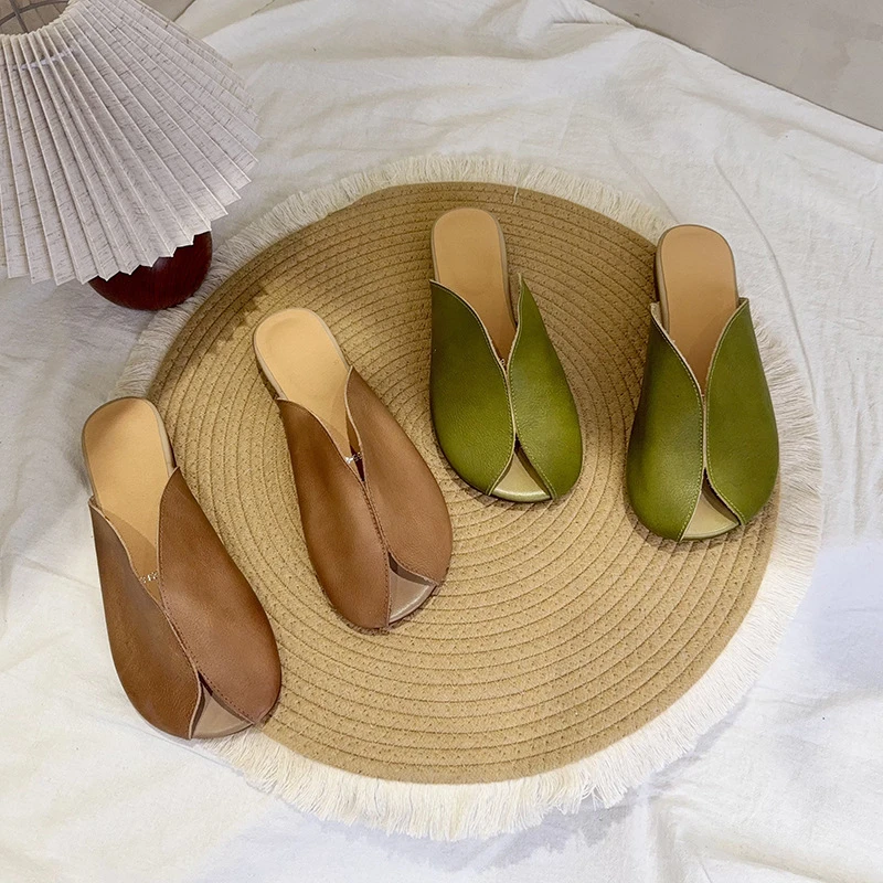 2025年新款超火时尚经典原创鱼嘴缝合拼接吸汗柔软舒适真皮女拖鞋