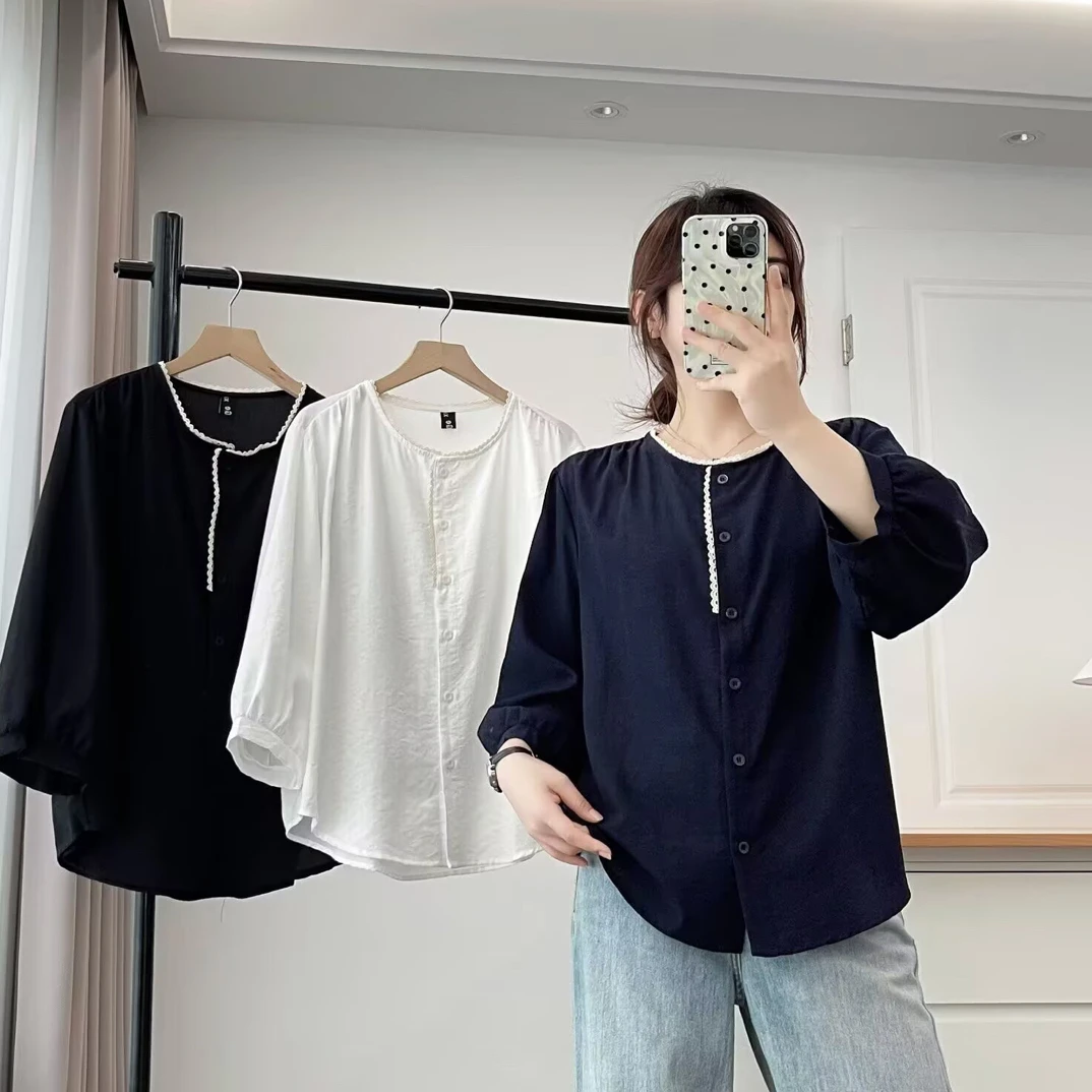 2025秋季新款大码女装法式上衣小衫圆领拼接蕾丝花边长袖衬衫