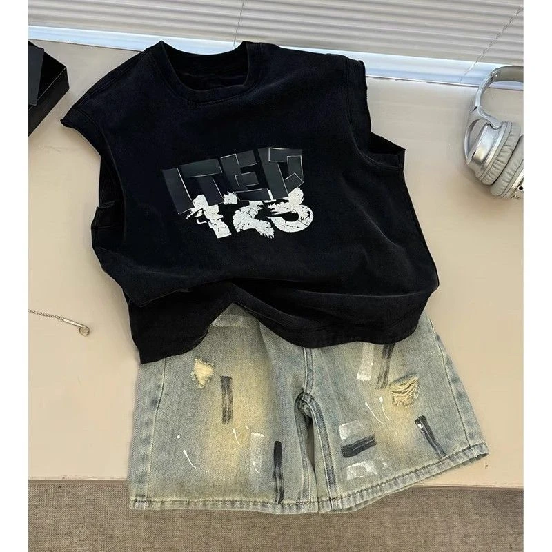 Y韩国童装男童套装2025爆款春夏洋气时髦背心儿童牛仔短裤夏款