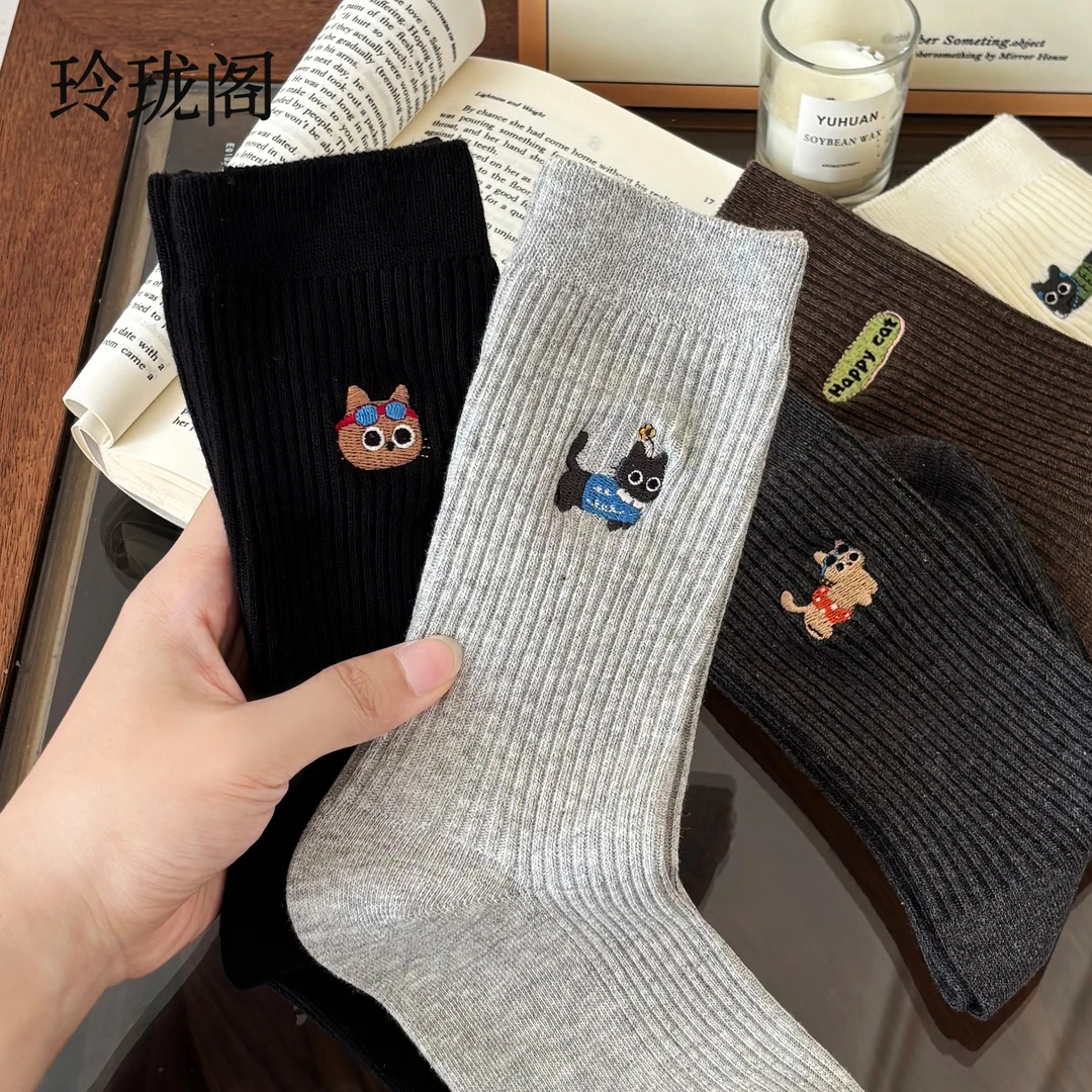 可爱卡通刺绣猫咪袜子女款爆款2025新款秋冬纯棉防臭抗起球中筒袜